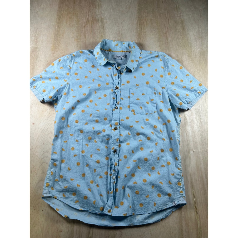 Sovereign Code Mens Large Blue Orange Citrus Print Short Sleeve Button Down